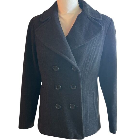 London Fog Womens Black Pea Coat Jacket MEDIUM Classic Wool Blend Preppy - Picture 1 of 14